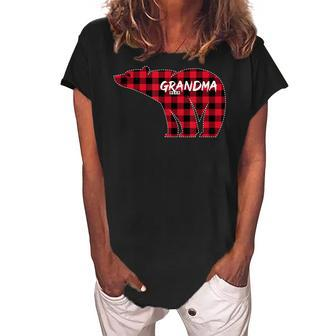 Grandma Bear Red Plaid Matching Family Pajama Design Women's Loosen Crew Neck Short Sleeve T-Shirt | Mazezy