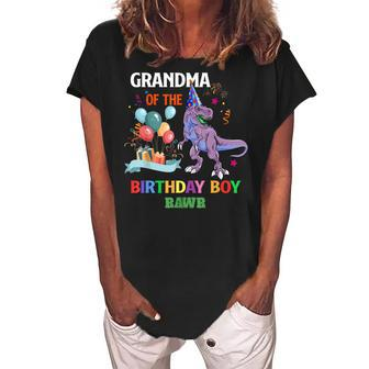 Grandma Of The Birthday Boy Dinosaur Raptor Funny Women's Loosen Crew Neck Short Sleeve T-Shirt | Mazezy