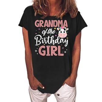 Grandma Of The Birthday Girl Cow Farm Birthday Party Bday Women's Loosen Crew Neck Short Sleeve T-Shirt | Mazezy