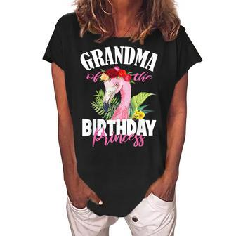 Grandma Of The Birthday Princess Floral Flamingo Girls Party Women's Loosen Crew Neck Short Sleeve T-Shirt | Mazezy