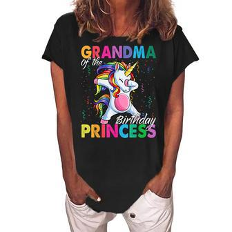 Grandma Of The Birthday Princess Girl Dabbing Unicorn Theme Women's Loosen Crew Neck Short Sleeve T-Shirt | Mazezy