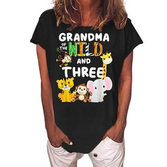 Grandma Of The Wild And Three Zoo Birthday Safari Women's Loosen Crew Neck Short Sleeve T-Shirt | Mazezy