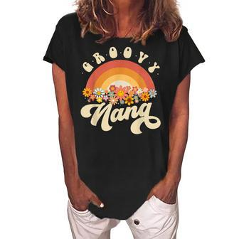 Groovy Nana Retro Rainbow Colorful Flowers Design Grandma Women's Loosen Crew Neck Short Sleeve T-Shirt | Mazezy