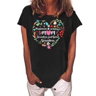 Happiness Is Being A Mom Grandma And Great Grandma Women's Loosen Crew Neck Short Sleeve T-Shirt | Mazezy