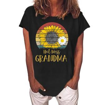 Hot Mess Grandma Funny Sunflower Retro Vintage Women's Loosen Crew Neck Short Sleeve T-Shirt | Mazezy