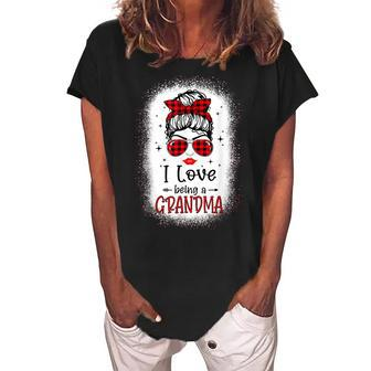 I Love Being A Grandma Buffalo Red Plaid Messy Bun Christmas Women's Loosen Crew Neck Short Sleeve T-Shirt | Mazezy
