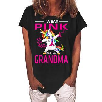 I Wear Pink For My Grandma Breast Cancer Awareness Unicorn Women's Loosen Crew Neck Short Sleeve T-Shirt | Mazezy