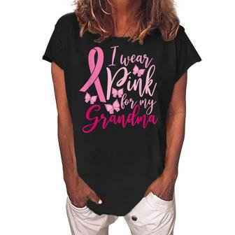 I Wear Pink For My Grandma Kid Adult Breast Cancer Awareness Women's Loosen Crew Neck Short Sleeve T-Shirt | Mazezy