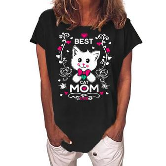 Lovely Cat With Hearts Best Cat Mom Ever Women's Loosen Crew Neck Short Sleeve T-Shirt - Seseable