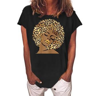 Melanin Queen Leopard Afro Hair African American Black Woman Gift For Womens Women's Loosen Crew Neck Short Sleeve T-Shirt | Mazezy