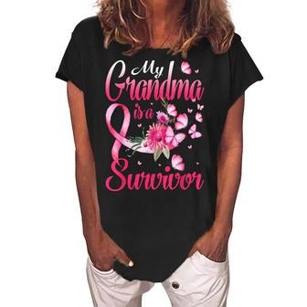 My Grandma Is A Survivor Butterfly Breast Cancer Awareness Women's Loosen Crew Neck Short Sleeve T-Shirt | Mazezy