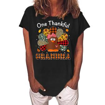 One Thankful Grandma Floral Leopard Turkey Thanksgiving Gift For Womens Women's Loosen Crew Neck Short Sleeve T-Shirt | Mazezy