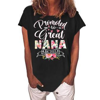 Promoted To Great Nana Est 2023 Floral First Time Grandma Women's Loosen Crew Neck Short Sleeve T-Shirt | Mazezy