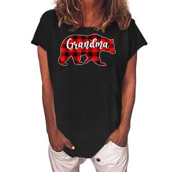 Red Plaid Grandma Bear Matching Pajama Family Xmas Gifts Women's Loosen Crew Neck Short Sleeve T-Shirt | Mazezy