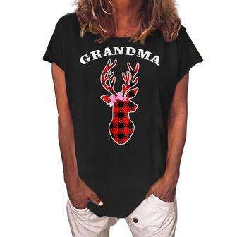 Red Plaid Grandma Deer Buffalo Matching Family Pajama Women's Loosen Crew Neck Short Sleeve T-Shirt | Mazezy