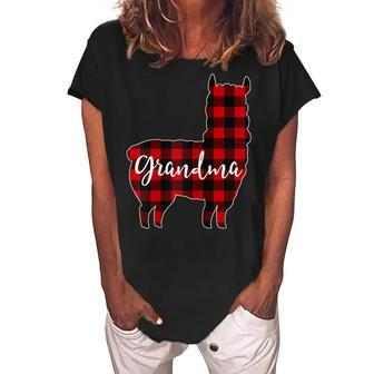 Red Plaid Grandma Llama Matching Pajama Family Buffalo Mimi Gift For Womens Women's Loosen Crew Neck Short Sleeve T-Shirt | Mazezy