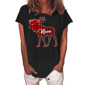 Red Plaid Nana Moose Matching Family Buffalo Grandma Gift For Womens Women's Loosen Crew Neck Short Sleeve T-Shirt | Mazezy