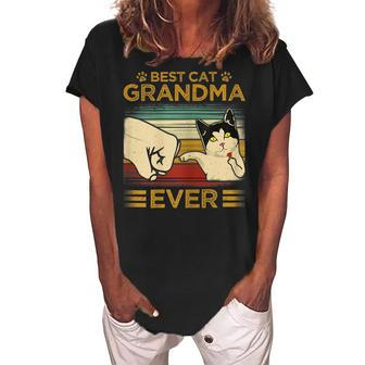 Retro Vintage Best Cat Grandma Ever Fist Bump Mothers Day Gift For Womens Women's Loosen Crew Neck Short Sleeve T-Shirt - Seseable