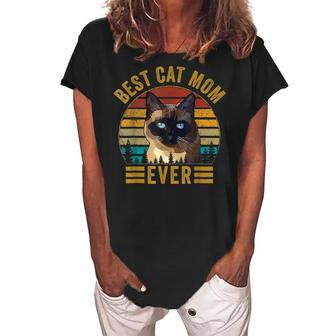 Retro Vintage Best Cat Mom Ever Mothers Day Siamese Cat Women's Loosen Crew Neck Short Sleeve T-Shirt - Seseable