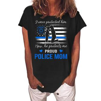 Thin Blue Line American Flag Proud Police Mom Gift For Womens Women's Loosen Crew Neck Short Sleeve T-Shirt | Mazezy