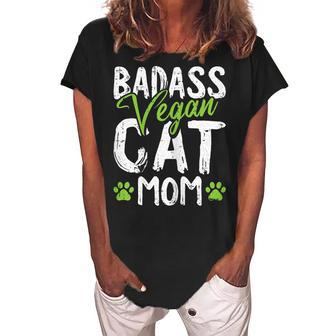 Vegan Cat Mom Mothersday Badass Mama Paw Print Kitten Lover Gift For Womens Women's Loosen Crew Neck Short Sleeve T-Shirt | Mazezy