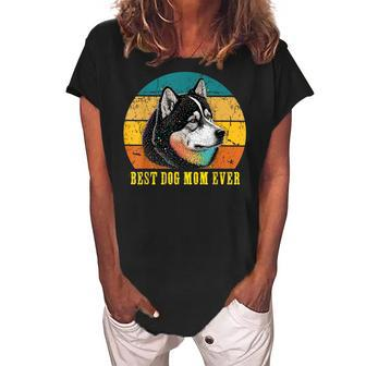 Vintage Best Dog Mom Ever Sunset Retro Alaskan Dog Mom Lady Women's Loosen Crew Neck Short Sleeve T-Shirt - Seseable