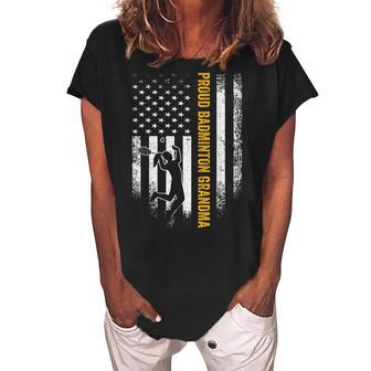 Vintage Usa American Flag Proud Badminton Grandma Silhouette Women's Loosen Crew Neck Short Sleeve T-Shirt | Mazezy