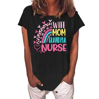 Wife Mom Grandma Nurse Mother Day Nurses Day Leopard Rainbow Women's Loosen Crew Neck Short Sleeve T-Shirt | Mazezy