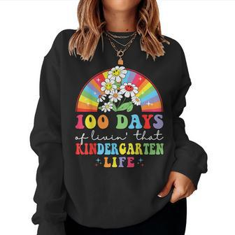 100 Days Of Livin That Kindergarten Hippie Rainbow Teacher Women Crewneck Graphic Sweatshirt - Thegiftio UK