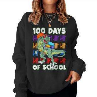100 Days Of School Teacher Student Dinosaur Kid Toddler Boys Women Crewneck Graphic Sweatshirt - Seseable