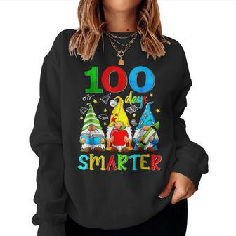 100 Days Smarter Cute Gnome Gift Teacher 100 Days Of School Women Crewneck Graphic Sweatshirt - Seseable