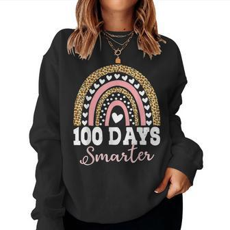 100 Days Smarter Happy 100Th Day Of School Rainbow Leopard V57 Women Crewneck Graphic Sweatshirt - Thegiftio UK