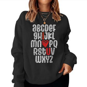 Abc Chalk Alphabet I Love You English Teacher Valentines Day Women Crewneck Graphic Sweatshirt - Seseable