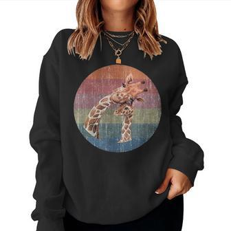 African Giraffe Mom And Baby Watercolor On Distressed Sunset Women Crewneck Graphic Sweatshirt - Seseable