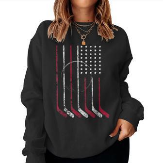 American Flag Vintage Hockey Flag Dad Mom Gift Women Crewneck Graphic Sweatshirt - Seseable