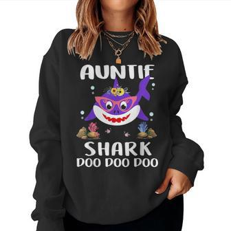 Auntie Shark Mothers Day Gift Idea For Mother Wife Women Crewneck Graphic Sweatshirt - Seseable