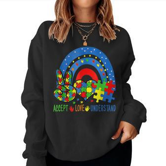 Autism Accept Love Understand Puzzle Pieces Tie Dye Rainbow Women Crewneck Graphic Sweatshirt - Seseable