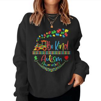 Autism Awareness Be Kind Train Puzzle Piece For Kids Adults Women Crewneck Graphic Sweatshirt - Seseable