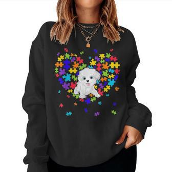 Autism Awareness Maltese Cute Heart Dog Dad Mom Gift Women Crewneck Graphic Sweatshirt - Seseable