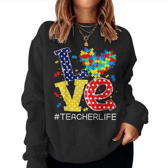 Autism Awareness Month Love Heart Puzzle Piece Teacher Life Women Crewneck Graphic Sweatshirt - Seseable