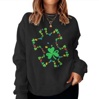 Autism Awareness Rainbow Puzzle Shamrock St Patricks Day Women Crewneck Graphic Sweatshirt - Seseable