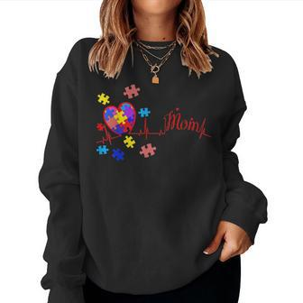Autism Mom Puzzle Piece Heartbeat Autism Awareness Gifts Women Crewneck Graphic Sweatshirt - Seseable