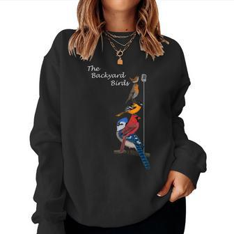 The Backyard Birds Blue Jay Cardinal Wren Bird Birdwatcher Women Sweatshirt | Mazezy