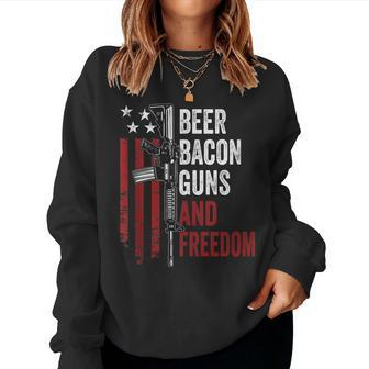 Beer Bacon Guns & Freedom - Funny Bbq Gun Usa Flag Drinking Women Crewneck Graphic Sweatshirt - Seseable