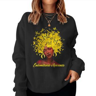 Black African Woman Afro Butterfly Endometriosis Awareness Women Crewneck Graphic Sweatshirt - Seseable