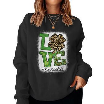Bleached St Patricks Teacher Leopard Shamrock Lucky Teacher Women Crewneck Graphic Sweatshirt - Seseable