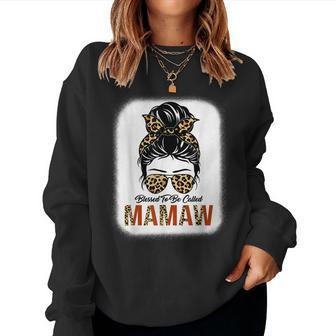 Blessed To Be Called Mamaw Leopard Messy Bun Mothers Day Women Crewneck Graphic Sweatshirt - Thegiftio UK