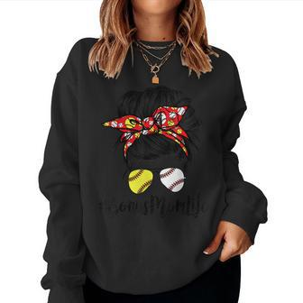 Bonus Mom Life Messy Bun Hair Softball Baseball Mothers Day Women Crewneck Graphic Sweatshirt - Thegiftio UK