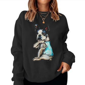 Boston Terrier I Love Mom Tattoo Mothers Day Gift V2 Women Crewneck Graphic Sweatshirt - Seseable