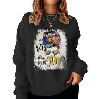 Boy Mama Mom Of Boys Messy Bun Rainbow Tie Dye Graphic Women Sweatshirt | Mazezy